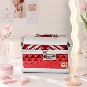 NFI essentials Makeup Organizer Box for Women, Bridal Makeup Case for Jewellery,Cosmetics & Bridal Essentials, with Lock and Multi-Layer Storage Trays Portable Vanity Box