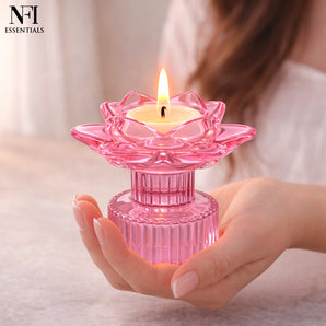 NFI essentials Tealight Lotus Flower Candle Holder with Clear Pedestal Base Artistic Centerpiece for Home Décor, Meditation, Special Occasions, and Festive Lighting