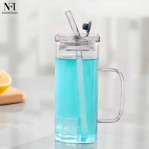 NFI essentials Drinking Glass Tumbler Sipper With Reusable Glass Straw With Handle For Mojito, Milkshakes, Juices, Smoothies, Iced Coffee & Iced Tea 350ml