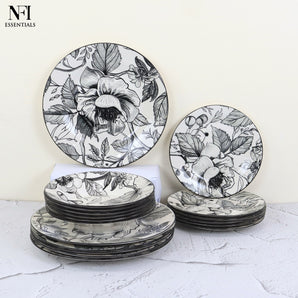 NFI essentials 18 pcs Ceramic Dinner Set for Dining Microwave & Dishwasher Safe Crockery Set Quality Porcelain Geometric Design 6 Dinner Plates, 6 Quarter Plate. 6 Salad Plate
