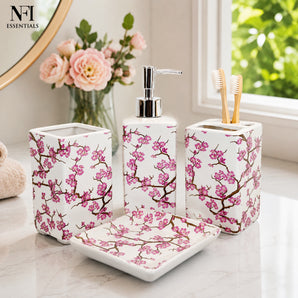 NFI essentials Ceramic 4 Piece Bathroom Accessories Set, Soap Dispenser, Toothbrush Holder, Tumbler & Soap Dish For Washroom Decor And House Warming Gift (Floral Design)