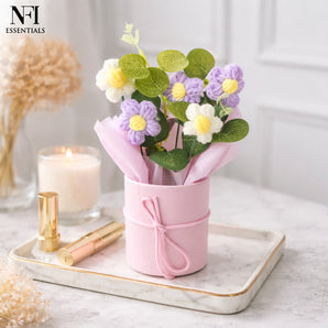 NFI essentials Crochet Bouquet in Decorative Pink Pot, Hand Woven Knitted Artificial Flower for Office Desk, Table Decor for Home