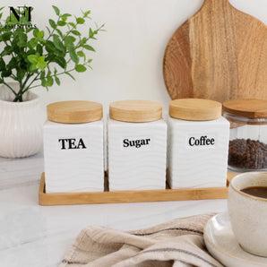 NFI essentials Set of 3 Sugar Coffee Tea Canister with Bamboo Lids, Airtight Food Storage Containers for Kitchen Countertop, Organizer for Tea, Coffee, Sugar, Snacks & Dry Foods
