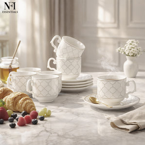 NFI Essentials Ceramic Cup & Saucer Set of 6 Pcs, Tea/Coffee Cup , Microwave & Dishwasher Safe, Premium Mug Perfect for Daily Use, Office, Gifting