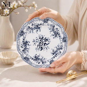 NFI essentials 9 inch Ceramic Quarter Plate with Elegant Blue Floral Design, Premium Serving Plate for Snacks, Desserts, Breakfast & Appetizers, Microwave & Dishwasher Safe Kitchen Plate