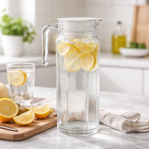 NFI essentials Glass Water Jug with Lid and Strong Handle 1.1 L for Dining Table Transparent Pitcher