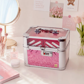 NFI essentials Makeup Organizer Box for Women, Bridal Makeup Case for Jewellery,Cosmetics & Bridal Essentials, with Lock and Multi-Layer Storage Trays Portable Vanity Box