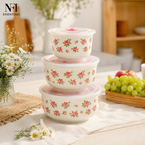 NFI essentials 3 Pcs Ribbed Ceramic Bowl Set with Airtight Lids Ideal for Food Storage, Serving, and Meal Prep Microwave Safe, Freezer Safe, Dishwasher Safe