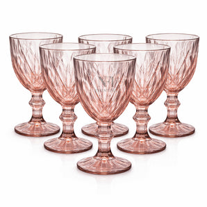 NFI essentials Set of 6 Embossed Crystal Clear Glass Goblet Elegant Stemmed Drinking Glass for Water, Juice, Mocktails & Cocktails for Home, Hotel & Party Use (brown)