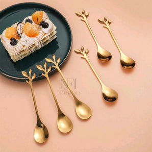 NFI essentials 6 Pcs Leaf Design Coffee Tea Spoons Set, Stainless Steel 13cm Golden Retro Dessert Espresso Spoons Cutlery Kitchen Tableware, Perfect for Mixing & Stirring