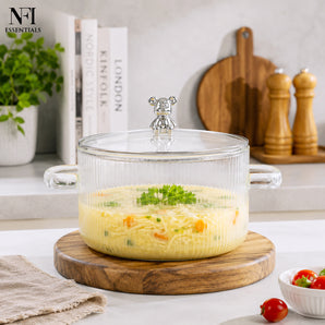 NFI essentials Glass Serving Bowl with Lid & Dual Handles, Heat Resistant Clear Glass Casserole, Transparent Cooking Pot on Gas Stove, Microwave & Dishwasher Safe Durable Handi for Kitchen 3300ml