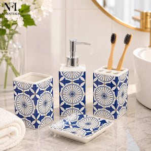 NFI essentials Ceramic 4 Piece Bathroom Accessories Set, Soap Dispenser, Toothbrush Holder, Tumbler & Soap Dish For Washroom Decor And House Warming Gift