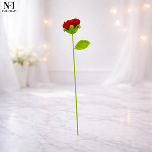 NFI essentials Crochet Red Rose with Stem & Leaf, Knitted Artificial Rose for Vase, Home Decoration, Gift, Anniversary