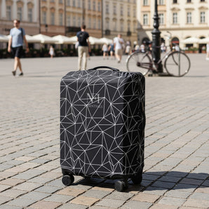 NFI Essentials Stretchable Black Geometric Printed Trolley Suitcase Cover 180 GSM Protective Luggage Cover for 4-Wheel Suitcases Anti-Scratch, Dustproof & Washable (22-24 Inch) - AYAHA ENTERPRISES PRIVATE LIMITED