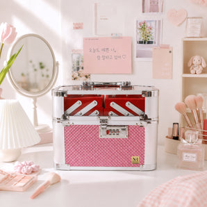 NFI essentials Makeup Organizer Box for Women, Bridal Makeup Case for Jewellery,Cosmetics & Bridal Essentials, with Lock and Multi-Layer Storage Trays Portable Vanity Box
