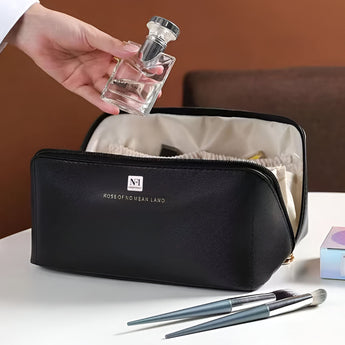 NFI essentials Cosmetic Travel Organizer Bag, Women's Makeup Pouch Toiletry Bag Portable Leather Wide Opening Cosmetics Bag with Handle and Divider - AYAHA ENTERPRISES PRIVATE LIMITED