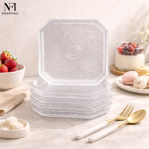 NFI essentials Pack of 6 Small square Dessert Serving Plate Clear Glass with Embossed Design, Elegant square Plate for Serving Snacks, Desserts, Fruits, Salad, Gift