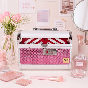 NFI essentials Makeup Organizer Box for Women, Bridal Makeup Case for Jewellery,Cosmetics & Bridal Essentials, with Lock and Multi-Layer Storage Trays Portable Vanity Box