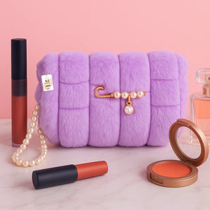 NFI essentials Fur Makeup Cosmetic Pouch Vanity Case Jewellery Pouch for Womens Stationery Pencil Case Travel Organiser Zipper Pouch Bag with Detachable Handle