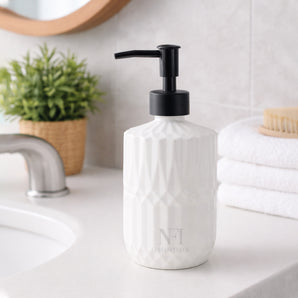 NFI essentials Ceramic Liquid Soap Dispenser Geometric Diamond Cut Design for Modern Bathroom & Kitchen Countertop Décor Accessory.