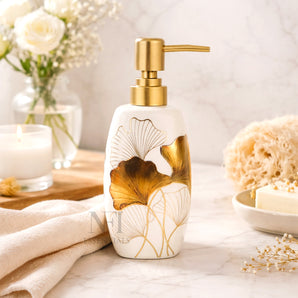 NFI essentials Ceramic Liquid Soap Dispenser with Gold Color Pump, Leak-Proof Design, Lotion Dispenser for Bathroom, Kitchen & Wash Basin, Handwash Bottle (golden)