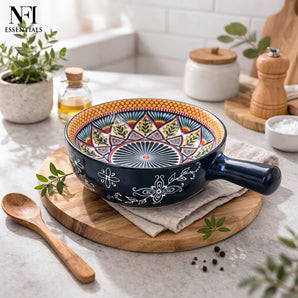 NFI essentials Ceramic Snack Bowl with Handle Serving Bowl Microwave & Dishwasher Safe Ideal for Soup, Salads, Noodles & Side Dishes (650ml)