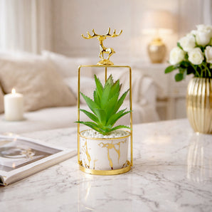 NFI essentials Luxury Artificial Plant with Golden Deer Metal Stand & Marble Finish Pot, Decorative Tabletop Showpiece for Home, Office, Living Room, Bedroom Decor
