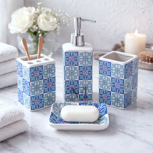 NFI essentials Ceramic 4 Piece Bathroom Accessories Set, Soap Dispenser, Toothbrush Holder, Tumbler & Soap Dish For Washroom Decor And House Warming Gift