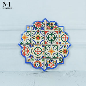 NFI essentials Ceramic Moroccan Star Shape Table Trivet Coaster with Cork Base Perfect for Hot Dishes, Bowl, Teapots Premium Hot Coaster Heat-Resistant & Stylish (17 Cm)