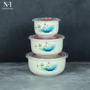 NFI essentials 3 Pcs Ribbed Ceramic Bowl Set with Airtight Lids Ideal for Food Storage, Serving, and Meal Prep Microwave Safe, Freezer Safe, Dishwasher Safe (Large- 800ml,Meduim- 500ml & Small- 280ml)