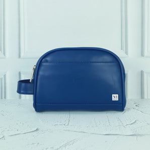 Blue leather toiletry bag for men with zipper and travel-friendly design