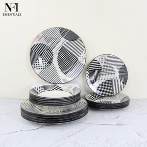 NFI essentials 18 pcs Ceramic Dinner Set for Dining Microwave & Dishwasher Safe Crockery Set Quality Porcelain Geometric Design 6 Dinner Plates, 6 Quarter Plate. 6 Salad Plate