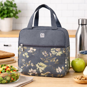 NFI essentials Polyester Insulated Lunch Bag for Men, Women, Office, School, College, Picnic, Outdoor Tiffin, Reusable Waterproof & Leakproof Lining Dabba Bag (Grey)