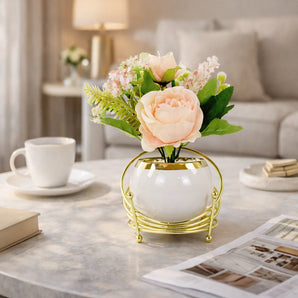 NFI essentials Artificial Flower with Decorative Metal Stand Pot, Premium Pink Rose & Mixed Floral Bouquet with Ceramic Vase for Home Decor, Living Room, Office & Gift Item