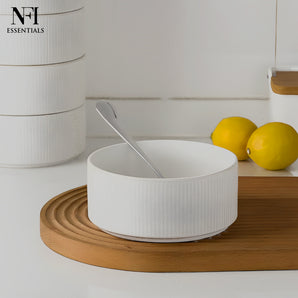 NFI essentials Frontier Ceramic Bowls Perfect For Snack, Side Dishes, Salads Or Desserts White Rib-Textured Multipurpose Uses Microwave & Oven Safe Ideal For Gifting & Daily Use  (575 ml)