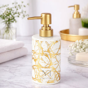 NFI essentials Ceramic Liquid Soap Dispenser with Gold Color Pump, Leak-Proof Design, Lotion Dispenser for Bathroom, Kitchen & Wash Basin, Handwash Bottle (White & golden)