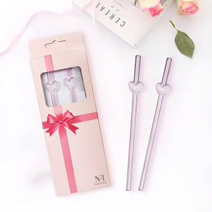 NFI essentials Set of 2 Reusable Glass Drinking Straws With Cleaning Brush a Decorative Heart Design In The Middle Stylish Alternatives To Plastic Straws for Smoothies, Juices, and Cold Beverages.