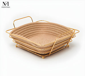 NFI essentials Handcrafted Decorative Fruit Basket with Golden Metal Frame & Woven Jute Base, Serving Bread Basket Elegant Storage Organizer for Home, Kitchen, Dining Table, Decor