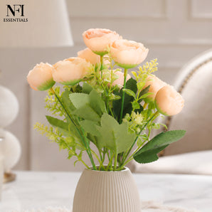 NFI essentials Artificial Peony Flower Bunch for Home Decoration, Peach Rose Floral Bouquet with Green Leaves, Decorative Faux Flowers for Vase Arrangement, Living Room, Office, Wedding