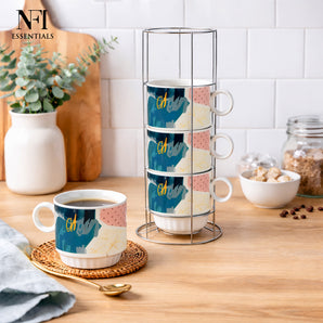 NFI Essentials Ceramic Coffee Mug Set of 4 with Metal Stackable Stand Tea & Coffee Cups with Space-Saving Vertical Storage Elegant Gift for Home & Office