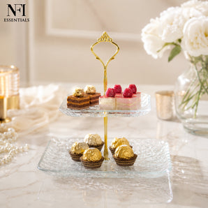 NFI essentials Premium 2-Tier Glass Cake Stand & Dessert Display Tower, Serving Stand for Desserts & Snacks with Golden Metal Handle, Decorative Display Tray for Snacks, Fruits, Pastries