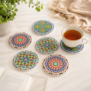 NFI essentials Set of 6 Ceramic Coaster, Drink Coasters for Tea Coffee Cups & Glasses, Small Trivet With Cork Backing for Dining Table, Office Desk & Home Decor