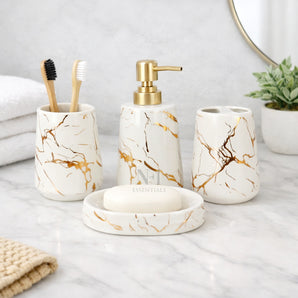 NFI essentials Ceramic 4 Piece Bathroom Accessories Set, Soap Dispenser, Toothbrush Holder, Tumbler & Soap Dish For Washroom Decor And House Warming Gift (White & Gold)