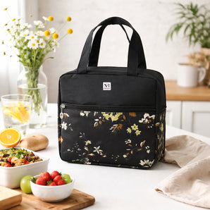 NFI essentials Polyester Insulated Lunch Bag for Men, Women, Office, School, College, Picnic, Outdoor Tiffin, Reusable Waterproof & Leakproof Lining Dabba Bag (Black)