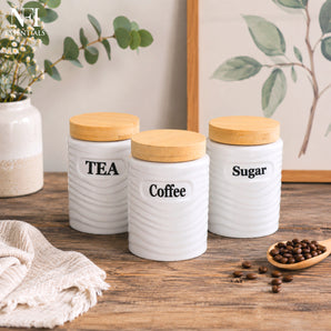 NFI essentials Set of 3 Sugar Coffee Tea Canister with Bamboo Lids, Airtight Food Storage Containers for Kitchen Countertop, Organizer for Tea, Coffee, Sugar, Snacks & Dry Foods