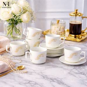 NFI Essentials Ceramic Cup & Saucer Set of 6 Pcs, Tea/Coffee Cup , Microwave & Dishwasher Safe,  Premium Mug Perfect for Daily Use, Office, Gifting