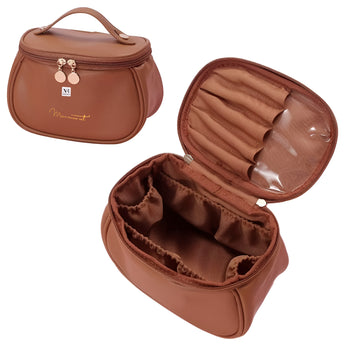 NFI essentials Cosmetic Travel Organizer Bag, Women's Makeup Pouch Toiletry Bag Portable Leather Wide Opening Cosmetics Bag with Handle for Girls - AYAHA ENTERPRISES PRIVATE LIMITED