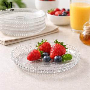NFI essentials Pack of 6 Small square Dessert Serving Plate Clear Glass with Embossed Design, Elegant square Plate for Serving Snacks, Desserts, Fruits, Salad, Gift