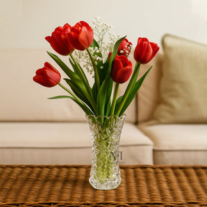 NFI essentials 10 Inches Crystal Clear Glass Vases for Flowers with Embossed Floral Design for Fresh or Artificial Flowers Decorative Centerpiece