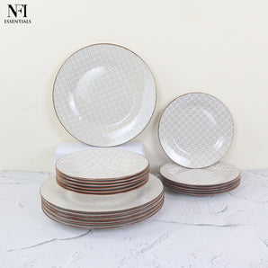 NFI essentials 18 pcs Ceramic Dinner Set for Dining Microwave & Dishwasher Safe Crockery Set Quality Porcelain Geometric Design 6 Dinner Plates, 6 Quarter Plate. 6 Salad Plate